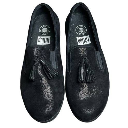 FitFlop  Womens Superskate Tassel Suede Shimmer Loafers Shoes 8.5 Black Slip On