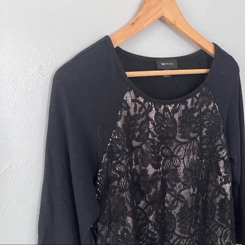 AB Studio  Lace Front 3/4 Quarter Sleeve Black Shirt Blouse Small