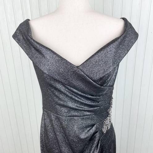 Oleg Cassini  Beaded Ruched Metallic Off-Shoulder Sheath Gown Gunmetal Size 12