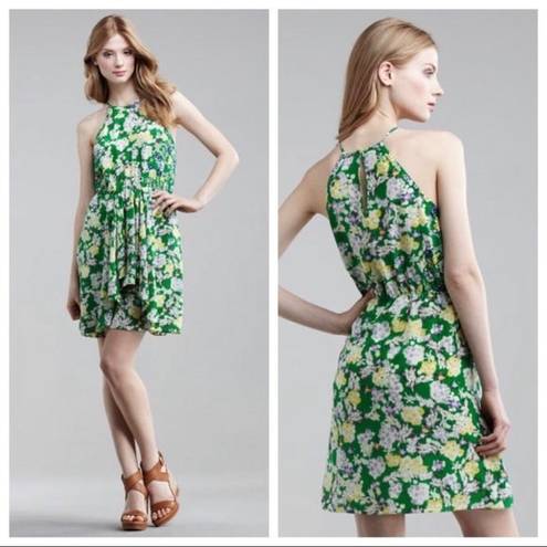 Rebecca Taylor  2 Silk Mini Dress XS Green Garden Floral Sleeveless Flutter