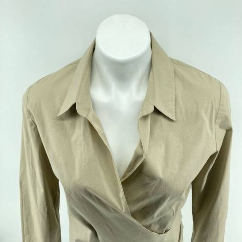 DKNY City  Women’s Tan Collared Long Sleeve Cotton Wrap Front Blouse Top Size 12