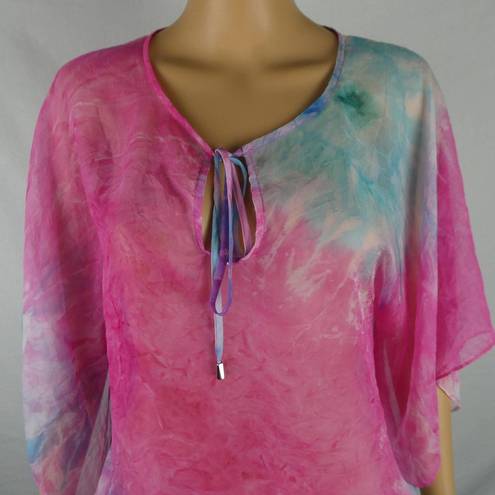 Alberto Makali  Sheer Tie Dye Blouse Split Tied Neck Flutter Kimono Sleeves Boho