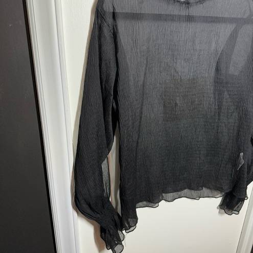 Oak + Fort  Black Sheer Ruffle Neck Sleeve Top Long Sleeve Size Small