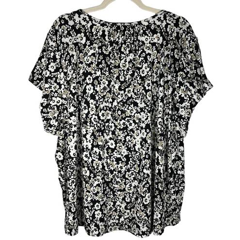 Tommy Hilfiger  Floral Pintuck Popover Top Women's Plus Size 2X Black Tan S/S NEW