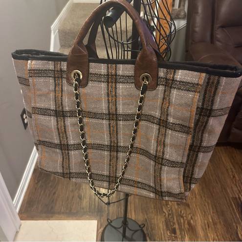 Krass&co Jen &  Oversized plaid retro flannel tote bag, chain straps, 90s, academia