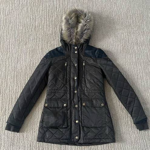 BCBGeneration  Dark Olive Quilted Winter Coat with Furry Hood