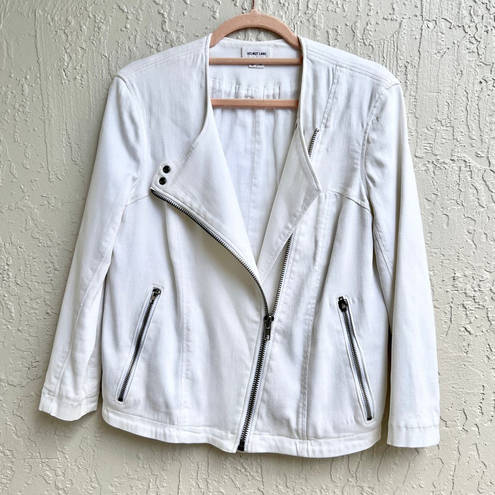 Helmut Lang  3/4 Sleeve Asymmetrical Zip Denim Moto Jacket White Women's Small