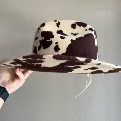 Free People  Milk Money Cowboy Rancher Hat Wool Felt Cow Print Brown Ivory