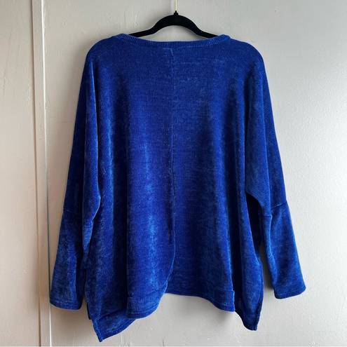 Pixi & Ivy  Royal Blue Chenille Velvet Sweater Oversized Pullover Side Slit - Sm