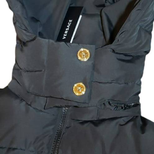 Versace  Coat Black Down with Cinched Belt Gold Medusa Waist Length Hooded