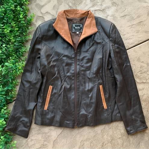 Vera Pelle  Italy Genuine Leather Zip Moto Jacket Dark Brown Tan Size IT 44 US 10