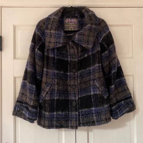 Free People  Bonjour Plaid Wool Coat Tartan Jacket Blue Black Woolen Bohemian XS