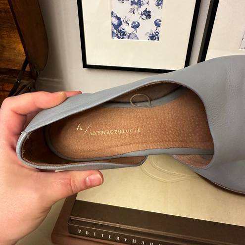 Anthropologie Souvenir Soft Leather Flats Blue Open Toe Slip on Styling SZ 8.5