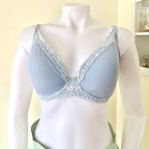 Natori Feathers lace trim plunge contour underwire bra 36DDD light blue