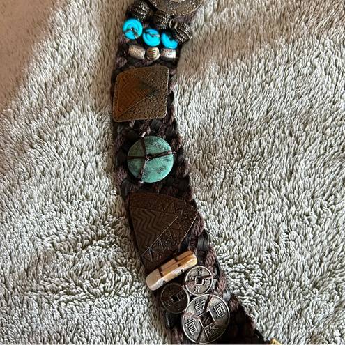 Chico's Genuine Leather Brown Braided Southwestern Turquoise Belt Size Large