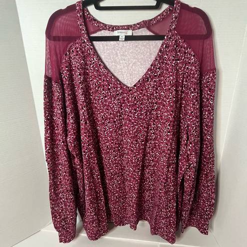 Skinny Girl  Mesh Shoulder Long Sleeve V-Neck Berry Sweatshirt Blouse Size 3X New!