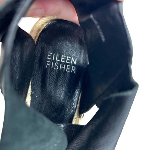 Eileen Fisher  Willow Espadrille Wedge Sandal Black Leather Size 6