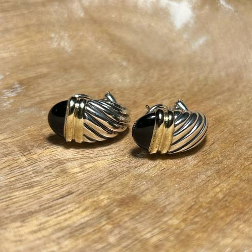 David Yurman  Black Onyx Sterling Silver & 14K Gold Cable Shrimp Post Earrings