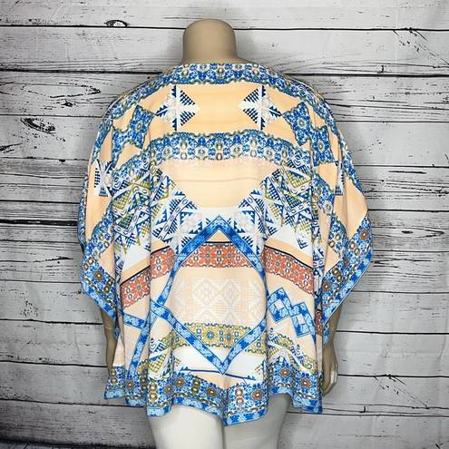 Harper  & Liv Size 3X Pink & Blue Aztec Print Cold Shoulder Poncho Blouse Top