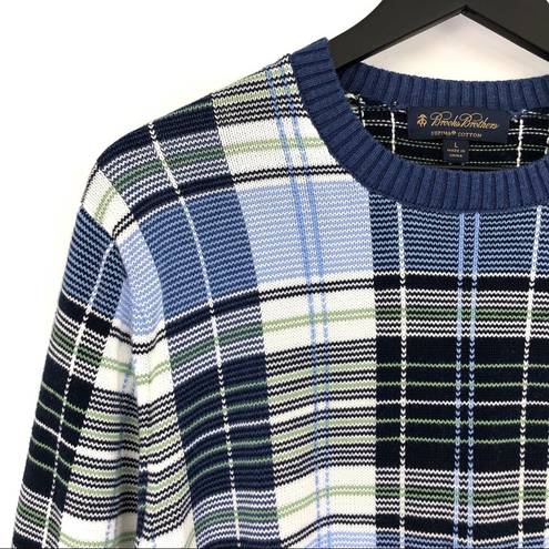 Brooks Brothers  Supima Cotton Plaid Crewneck Sweater Blue White Green L