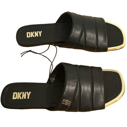 DKNY  Logo Flat Slides Womens Size 9M Black Gold Accents Square Toe Faux Leather