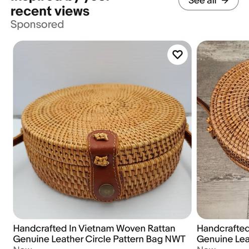 HANDCRAFTED IN VIETNAM WOVEN RATTAN GENUINE LEATHER CIRCLE PATTERN CROSSBODY BAG