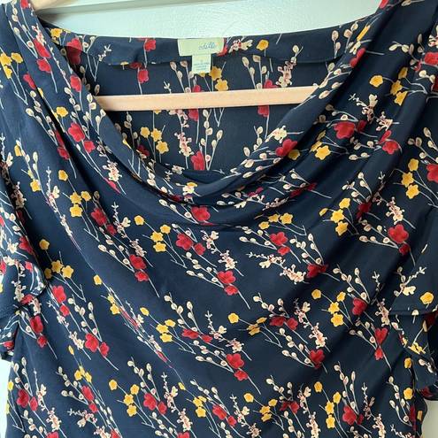 Anthropologie  Odille Salix Silk Petal Floral Cowl Drape Neck Blouse | Navy | S