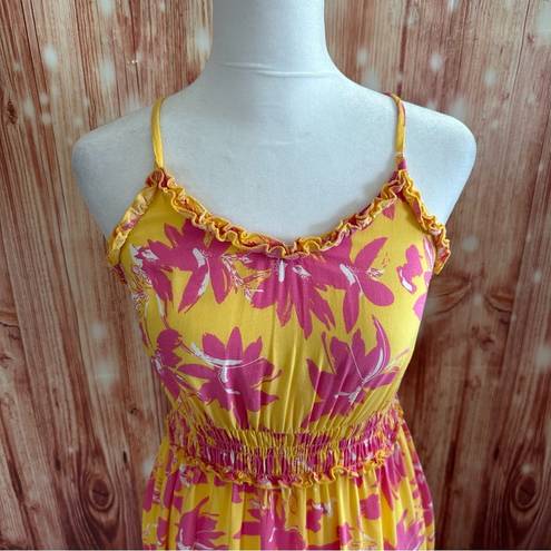 Jessica Simpson Yellow Ruffle Trim Pink Floral Print Maxi Dress