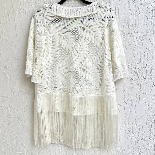 Alexis  Short Sleeve Fringe Semi Sheer Embroidered Top Off White Womens Size XS/S