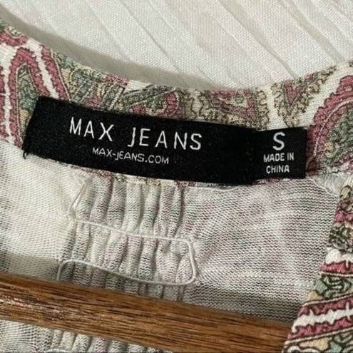 Max jeans  Paisley V-Neckline 3/4 Roll Tab Sleeves Pink and White Top Sma…