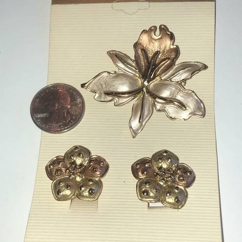 Bordeaux  Brand Vintage Satin Silver & Gold Tone Brooch Pendant & Earrings Set