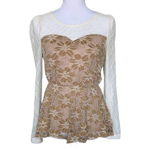 Ryu 🎉 : Top Ivory Lace Long Sleeve Tan Faux Bustier Blouse