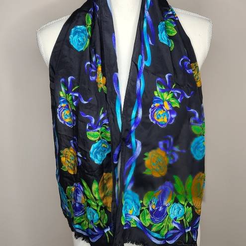 Oscar de la Renta  Vintage Black and Floral‎ Silk Scarf With Fringe