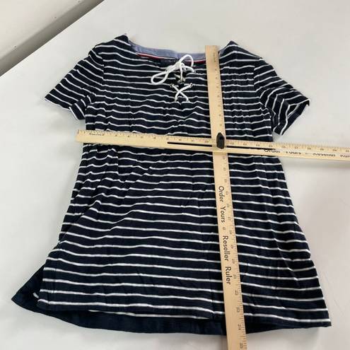 Tommy Hilfiger  Shirt Womens Small Black White Stripe Short Sleeve Lace-Up Cotton