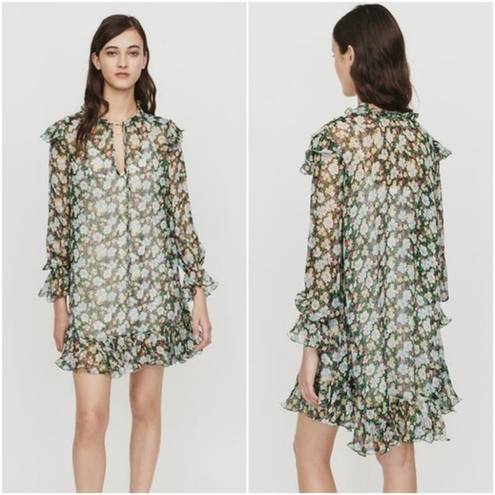 Maje NWOT  Rullina Ruffled Floral Print Metallic Mini Dress Green Women's Sz 1/S