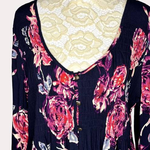 Shyanne  Smocked Boho High Low Swing Top Blouse Floral Black Pink L bv