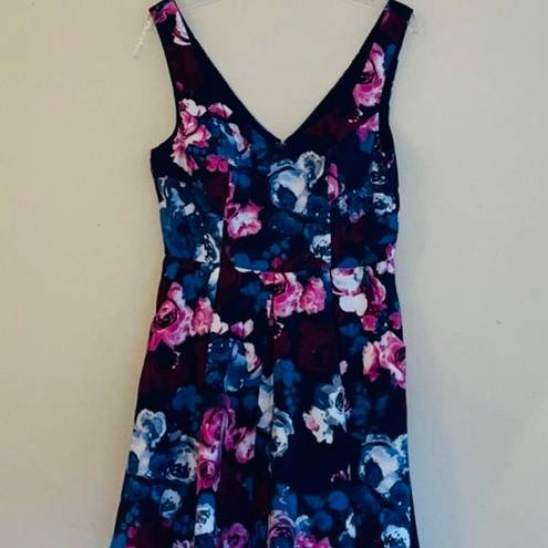 Trixxi Navy Blue Pink Floral Swing Mini Dress