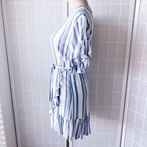 Lost + Wander Blue and White Striped Ruffle Mini Dress