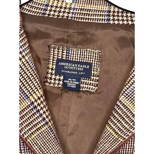 American Eagle  Women Blazer Jacket Houndstooth Wool Elbow Patches Brown Medium