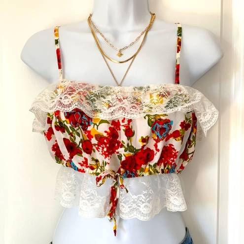 90s Y2K Red Floral Lace Bandeau Tube Crop Top S M​ Size M