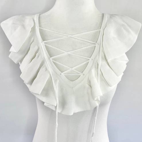 Central Park West New  Lace Up Ruffle Sleeveless Knit Bodysuit White