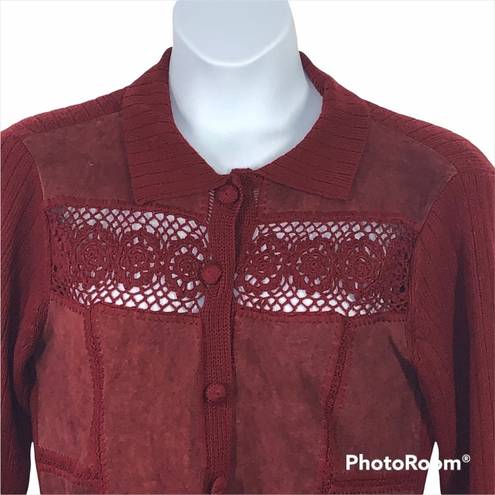 J.Jill  Rustic Red Crochet Wool Leather Patchwork Long Cardigan Sweater Jacket