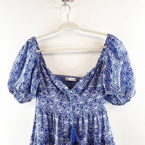 ZARA  Floral Ballon Short Puff Sleeve Mini Sundress Blue White Medium