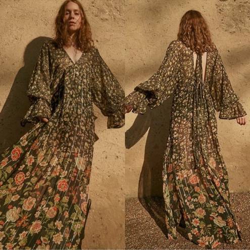 Rococo  Sand Hana Printed Kaftan Maxi Dress Black Metallic Thread Size XS NWT