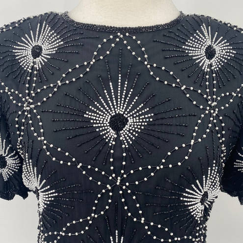 Scala Vintage  Pure Silk Beaded Pearl Top Short Sleeve Black White Womens size XL