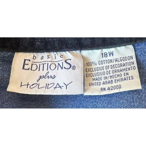 Basic Editions  Plus Snowman Denim Shirt 18W Blue Embroidered  Vintage Ch…