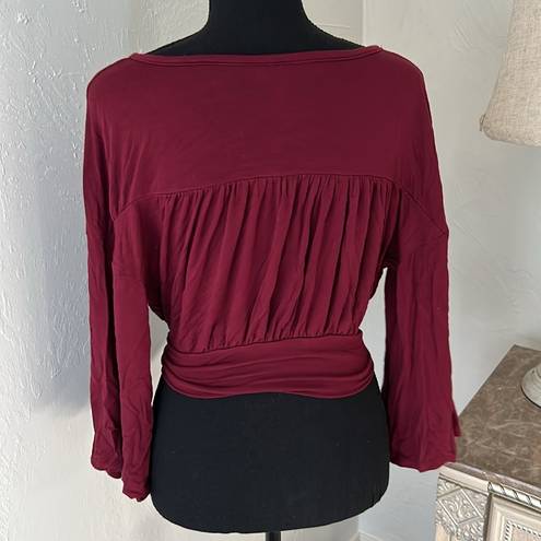 Alya Wine Red Cross cross tie long sleeve crop top