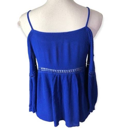 Emma’s Closet  Royal Blue Boho Cold Shoulder Embroidered Blouse