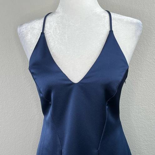 Halston Heritage  Navy Blue Satin Illusion-Back Slit Slip Gown Size 6 New