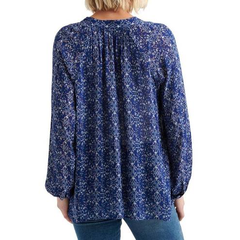 Lucky Brand  Printed Peasant Blouse Blue White Peach Floral Tie Neck Long Sleeve